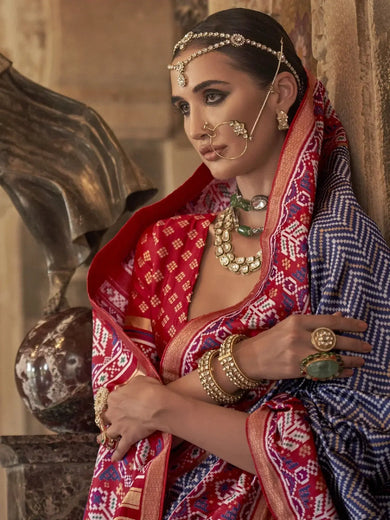 Attractive Navy Blue Patola Printed Silk Traditional Saree With Blouse